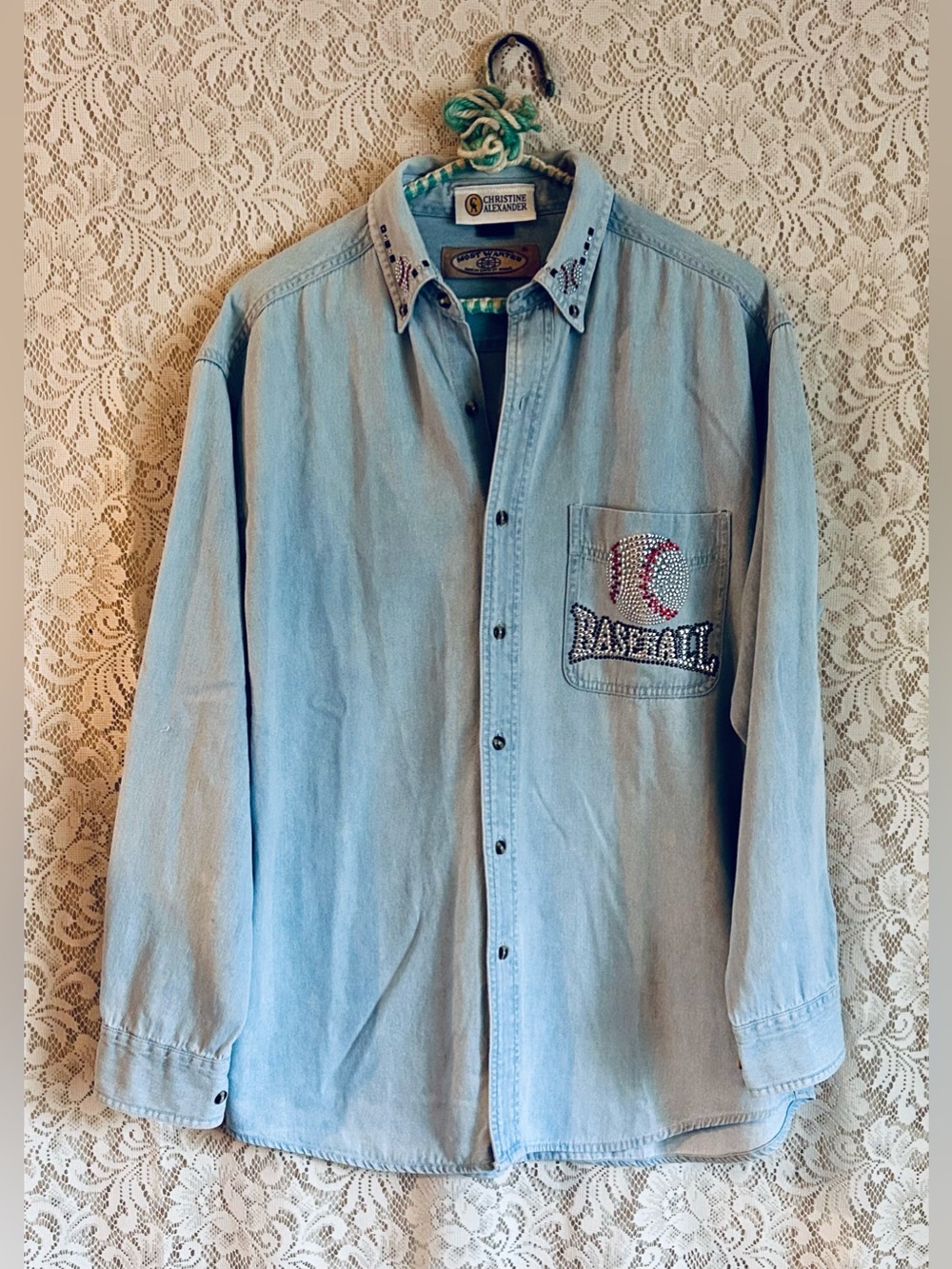 💎 Vintage 90s Christine Alexander Most Wanted Rhinestone Baseball Denim Shirt 💎